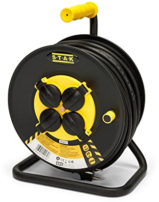 Stak REELART-FR-40 Enrouleur electrique professionnel, water proof IP44 cable 40m en caoutchouc 3G2.5m? pour chantier, bricolage, jardin. 4 Prises, chassis acier, Noir