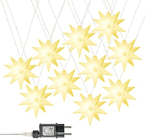 AMARE LED 10er Sternenlichterkette weiß Durchmesser der Sterne je 12 cm, Länge der Kette 6,75 m (zzgl. 5 m Zuleitung), LED Farbe warmweiß, ,Innen- und Außenbereich
