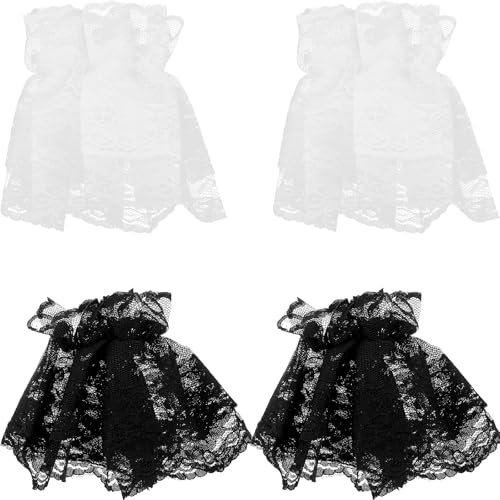 Amosfun 2 Paar Damen Vintage Sheer Floral Spitze Handgelenk Länge Handschuhe Lolita Sonnencreme Finger Braut Handschuhe Rüschen Mitt für Hochzeit Tee Party Schwarz Weiß