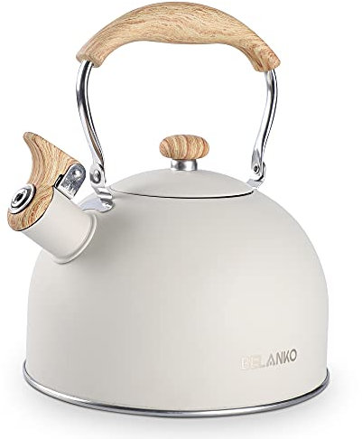 Tea Kettle, BELANKO 85 OZ / 2.5 Liter Whistling Tea Kettle Pots for Stove Top Food Grade Stainless Steel with Wood Pattern Folding Handle, Loud Whistle for Tea, Coffee, Milk - Milk White