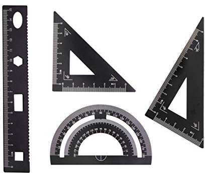 FOMIYES Set di 4 strumenti di misurazione per geometria, per bambini e studenti, in alluminio, con goniometro semicircolare, righello e squadrette, colore: nero