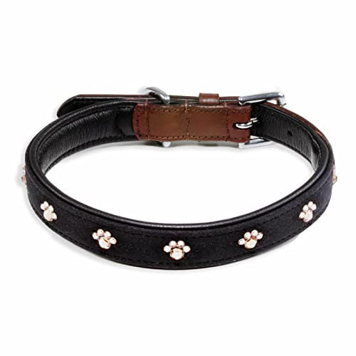 Monkimau Halsband Hund echt Leder Hunde Halsbänder braun schwarz mit Pfoten Kristallen Lederhalsband verstellbar Dog Collar Hundehalsband (L: 25mm x 65cm)