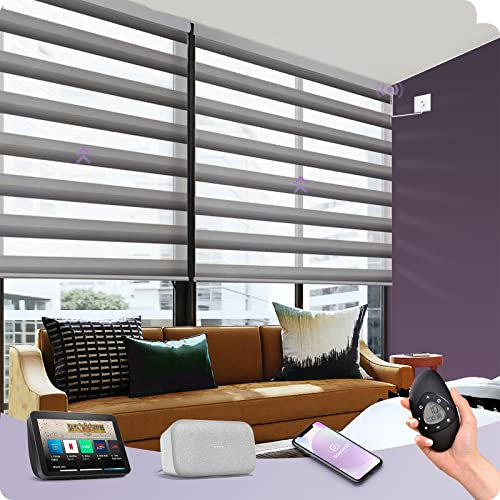 Graywind Textured Weave Motorised Zebra Blinds, Dim-Out or Translucent Dual-Layer Design, Hardwired Smart Electric Day Night Blinds, Made to Measure, Alexa Google Compatible, Gradient Grey Silver
