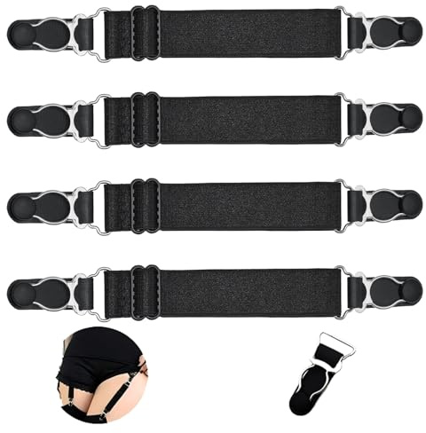 WILLWIN Adjustable Stocking Clip Elastic Double-Way Thigh High Suspenders Duckbill Buckle Non-Slip Garter Socks Belt Fastener Straps Shirt Holder Locking Clamps for Sexy Women 4 Pcs Black