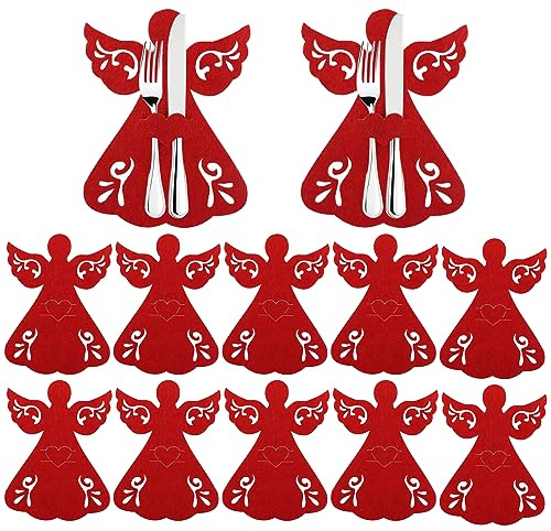 ShnminEU 12 Stück Weihnachten Besteckhalter Filz bestecktasche besteckhalter weihnachten benutzt für tischdeko weihnachten deko weihnachten tisch Party Abendessen Gabel Dekor (Engel)