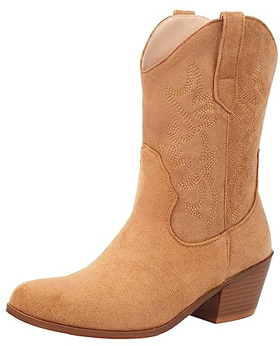rismart Damen Cowboystiefel Western Stiefel Mitte Kalb Gestickt Cowgirl Schuhe Hellbraun,37