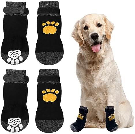 2 Pair Anti Slip Dog Socks Paws Stop Licking Dog Grip Socks Pet Paw Protector Dog Boots Dog Claw Socks Dog Shoes Dog Slippers with Adjustable Strap for Puppy Dog Indoor Outdoor Hardwood Floor Walking