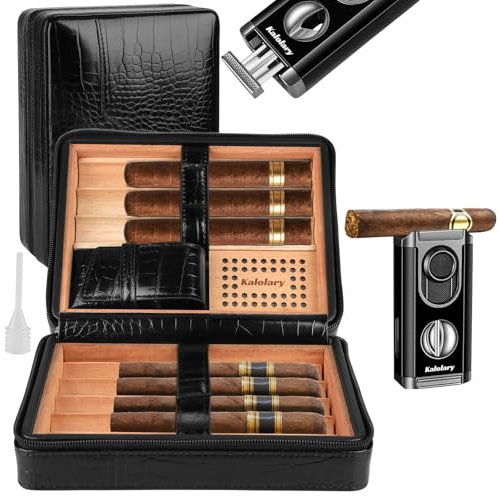 Kalolary Zigarren Humidor Leder mit Zigarrenschneider, Tragbarer Reise Humidor Zigarren mit Zedernholz Auskleidung für Hält bis zu 8 Zigarren, Tolle Geschenke für Männer (Schwarz)