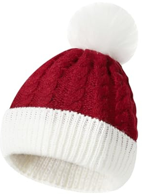 HugeDE Baby Knit Santa Hat - Classic Newborn Hat with Pom Pom - Warm Winter Santa Cap for Kids - Wine Red