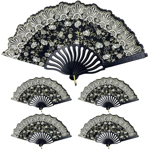 Hosiwei Spanish Folding Fan, 5 PCS Traditional Retro Handheld Fans Lace Rose Floral Elegant Hand Fan for Weddings Dancing Cosplay Parties (5 PCS Pure Black)