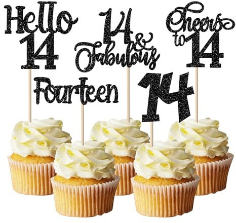 SYKYCTCY 30 Pack 14th Birthday Cupcake Toppers Glitter Fourteen Fabulous 14 Cheers to 14 Cupcake Picks Hello 14 Cupcake Decorations for Happy 14th Birthday Anniversary Party Supplies Black