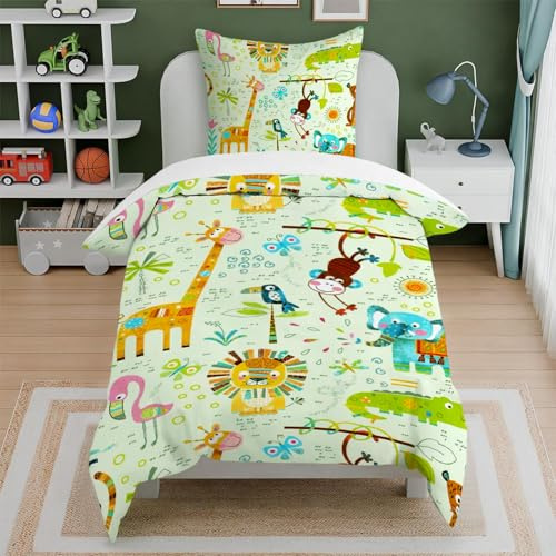 CINYE Ropa de cama infantil, 135 × 200 cm, diseño de animales de safari, juego de ropa de cama para niños y niñas con 1 funda de almohada de 80 × 80 cm, estampado 3D, microfibra, verde