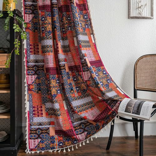 Bishilin Gardinen Lichtdurchlässig Rot 150x180CM, Vorhänge mit Haken für Schiene Rot Boho Geometrie Bedruckt Vorhänge Halbtransparent Wohnzimmer Küche