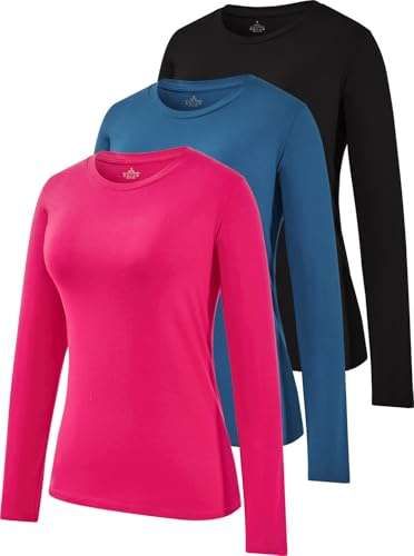 Ullnoy Long Sleeve Cotton Ladies Tops Crew Neck Basic Thermal Shirts Casual Solid Soft Workout Sweatshirt Pack of 3 Black/Navy/Rose M