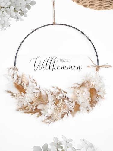 WIDEGO herzlich Willkommen Schild Beiger Trockenblumen Kranz | 20cm, 25cm & 30cm | Türkranz ganzjährig | Willkommen Schild | Haustürdeko (20cm)
