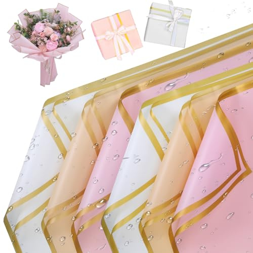 Geschenkpapier für Blumenstrauß, wasserdicht, mit goldfarbenem Rand, Floristen-Verpackungspapier für Hochzeit, Geburtstage, Party-Dekoration, frische Blumen, Geschenkpapier, 21 Blatt