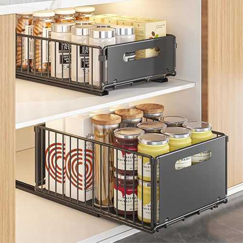 MaxEarn 2Stk Teleskopschublade, 10cm + 19cm Height Ausziehbare-Schubladen Aufbewahrungsregale, Kohlenstoffstahl Schublade Küchenschränke, Schwarz Ausziehbarer Schrank Organizer Herausschieben