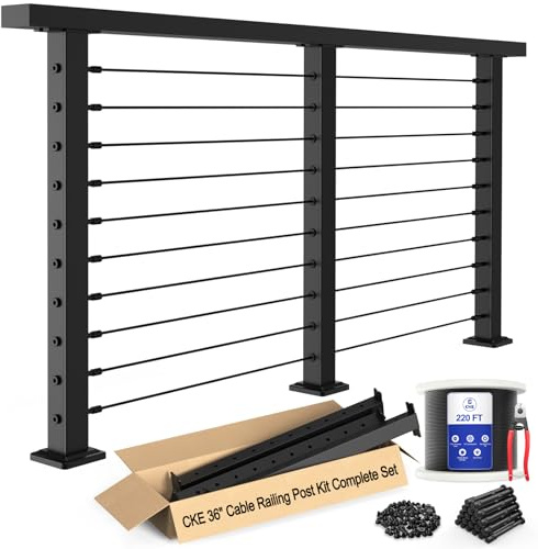CKE 10ft-15ft Complete Set 36 Cable Railing Post Kit, 3Pack Black Level Drilled Line Posts(35x2x2), Swageless Deck Cable Railing System Kit, 220ft 1/8 Wire Rope(No Handrail), Black Post Kit LPS02