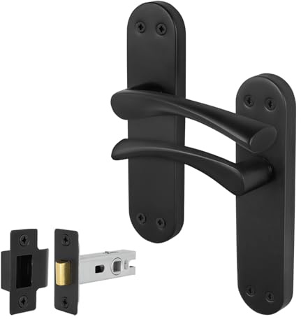 EAI Matt Black Door Handles with Latch 64mm - Novoli | Complete Latch Kit with 1 Pair of T-Bar Lever on Backplate Door Handles, 64mm Latch, Fixings Included