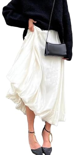 SOMTHRON Maxi gonna da donna in raso a bolle a vita bassa con volant plissettata una linea gonfia estiva gonna a palloncino fluida, Beige, L