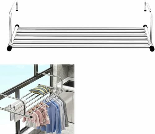 Tendedero Extensible de Acero Inoxidable para Interiores, con barandilla para balcón y Brazos Ajustables, para Colgar Ropa, Toallas, Ropa Interior, Zapatos y Calcetines (80 cm x 140 cm)