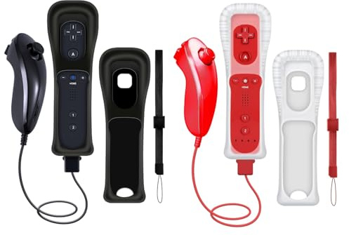 CLVIZCXOM 2 Sets Remote Fit for Wii/Wii U with MotionPlus (Black & Red) | 2 Remotes + 2 Nunchuks + 2 Cases + 2 Straps, Compatible with Nintendo Console