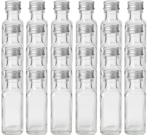 gouveo Lot de 24 bouteilles en verre de 100 ml, carrées, design apothicaire, avec bouchon à vis argenté – Petite bouteille en verre de 0,1 l pour liqueur, huile et vinaigre (AFET100S)