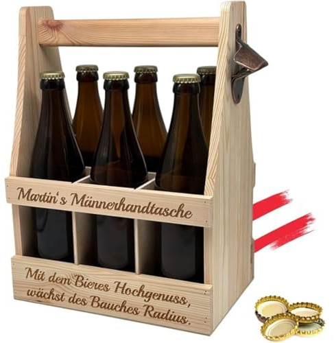 KF-Holz Personalisierter Bierträger mit Gravur & Flaschenöffner – 6er Holzträger – Geschenk für Männer, Papa, Freund, Bierliebhaber – Ideal zum Vatertag