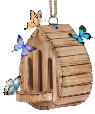Maison à papillons et mangeoire 19 x 9 x 13 cm Papillons Habitat naturel en bois avec mangeoire Salle suspendue pour abeilles, coccinelles Décoration de jardin, hôtel