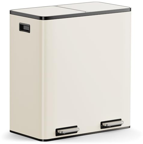 VonHaus Kitchen Bin, 60L Double Recycling Bin for Kitchen, Two Section Food Waste Separation System with Non-Slip Base & Removable Inner-Compartments, Large Airtight Trash Can, 2 x 30L (Cream)