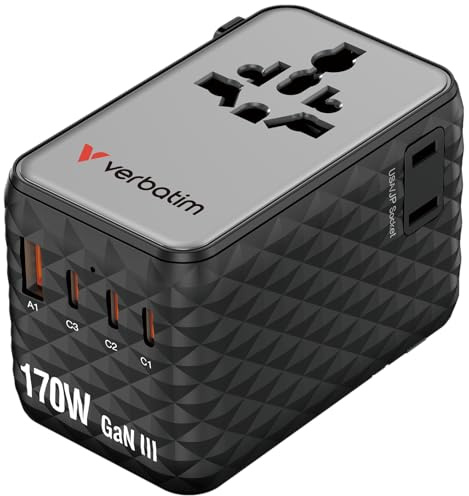 Universal Verbatim GaN 170 W reseadapter svart med 3 USB-C-portar, 1 USB-A-port och 2 USA/JP-uttag - snabbladdning för MacBook, bärbar dator, iPhone 17 och mer