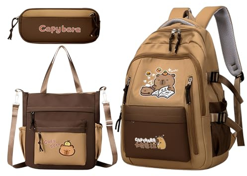 Capybara Skolryggsäckar | Flickryggsäck med Pennetui & Tygväska | Laptopryggsäck för Elever & Barn till Skola & Resa