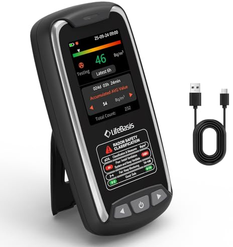 LifeBasis Tragbar Radon Messgerät Radonmonitor Wiederaufladbar für Zuhause | Hochpräziser Sensor Lange Datenspeicherung mit Optischem und Akustischem Alarm Erste Datenanzeige in 6 St. Bq/m³ oder pCi/L
