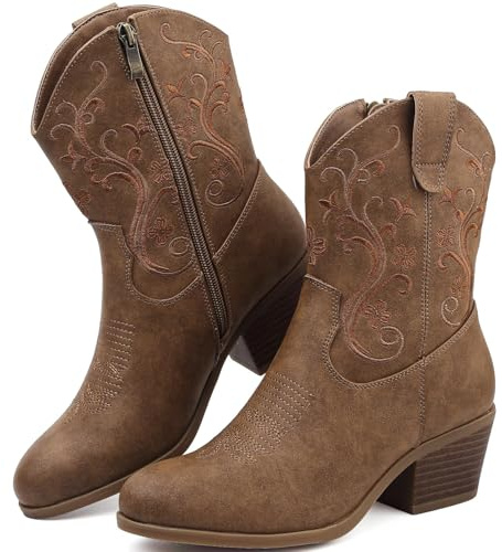 Cowboy Boots For Women Uk Cowgirl Boots Size 6 Ladies Brown Botte Knee High Boot Women Horse Riding Boot Western Wide Calf Retro Western And Travelling Embroidered Pointed Toe Low Heel Mid Calf