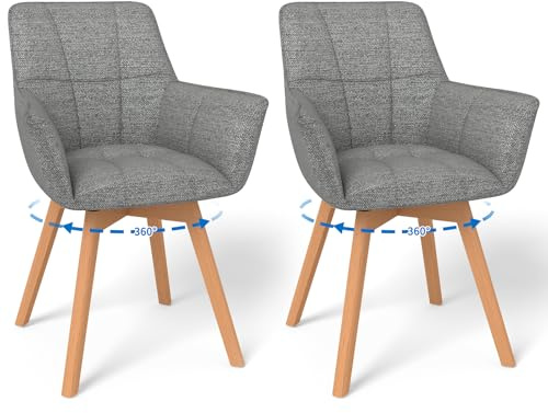 WAFTING 2er Set 360° Drehbare Esszimmerstühle mit Holzbeinen | Moderner Armlehne Polsterstuhl mit Stoffrückenlehne für Esszimmer Wohnzimmer Küche Schlafzimmer Dunkelgrau
