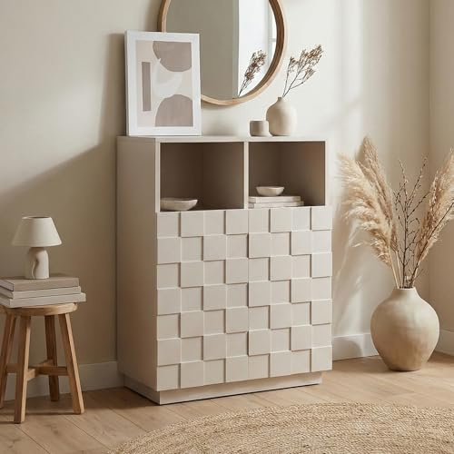 [en.casa] Highboard Wohnzimmer Bopibobro Hochschrank mit 2 Türen 3D-Front Büroschrank 2 Fächer 86 x 64 x 36 cm Kommode Beige