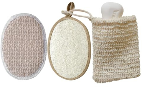 MOTHNUR Juego de 3 Piezas de Estropajos Exfoliantes de Luffa Natural para Baño y Spa, Aplicador de Loción y Bolsa de Jabón de Algodón y Lino