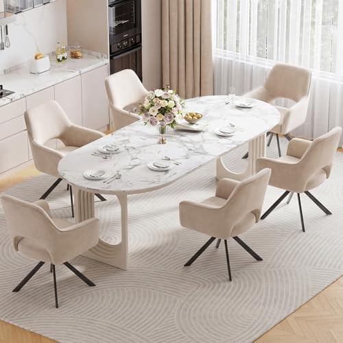 Ckaff 6er Set Esszimmerstühle Drehbar mit Armlehne, 360°Drehbar Polsterstuhl Küchenstuhl aus Samt, Stühle Esszimmer mit Metallbeine und Rückenlehne für Küche Esszimmer Schlafzimmer, Hellbraun