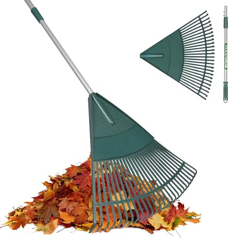 ORIENTOOLS Garden Leaf Rake, Adjustable Lightweight Steel Handle, Comfortable Grip Handle, Plastic Head,Poly Shrub Rake,26 Tines,110 to 168cm (Silver Handle)