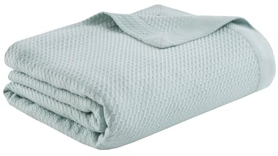 Madison Park 100% Egyptian Cotton Lightweight Summer Blanket, Breathable Waffle Knit Design, Soft Cozy All-Season Throw for Bed, Couch or Sofa, Light Blue Twin Size (66x90)