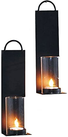Wand Teelichthalter mit Glas Halterung - 2er Set - Teelicht Halterung Glasaufsatz Kerzenhalter schwarz Teelichtglas Teelichtaufsatz