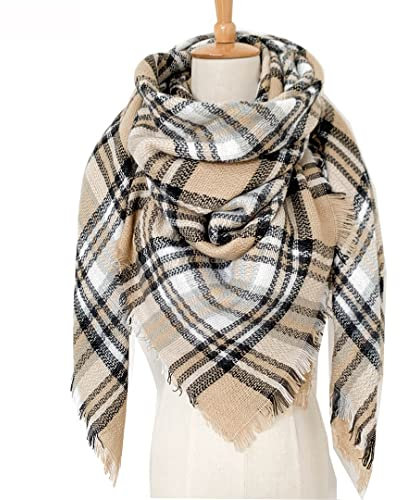 Winter Damen Schal Kariert übergroßer Dreieck Winterschal Herbstschal Quadratisch Deckenschal mit Quasten,Karo Tartan Streifen Plaid Muster Fransen Poncho Cape Halstuch Halstücher 140cm,Schwarz Kamel
