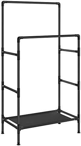 SONGMICS Kleiderständer, Garderobenständer aus Metall, mit 2 Kleiderstangen, 1 Ablage, bis 55 kg belastbar, einfache Montage, schwarz RDR001B02
