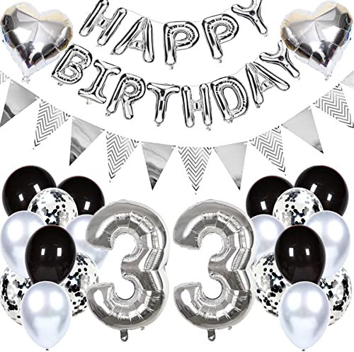 Ouceanwin Geburtstagsdeko 33 Jahre Männer Frauen, Luftballon 33. Geburtstag Dekoration, Folienballon Zahl 33 Silber, Helium Ballon Happy Birthday Girlande für 33. Geburtstag Party Deko