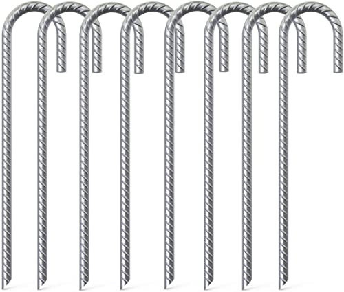 KAHEIGN 8Pcs Bodenanker Verzinkte Zeltnägel Garten Erdanker, 40cm Verzinkte Bodenanker Garten Heringe Rostfrei Gebogen J-Erdnägel Zeltheringe mit Reibrippen für Campingzelte Trampoline (Silber)