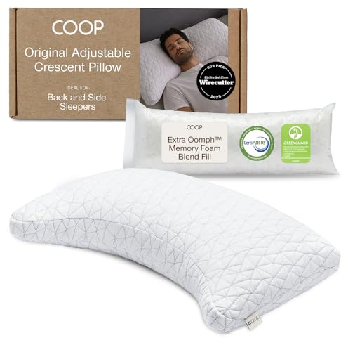 Coop Home Goods Original Crescent Adjustable Pillow, Queen Bed Crescent Foam Pillow - Medium Firm for Back & Side Sleepers, CertiPUR-US/GREENGUARD Gold