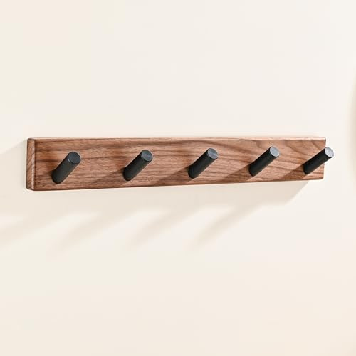 LECHYN 17.3 Small Wooden Coat Rack Wall Mounted with 5 Pegs Hooks, Entryway Wall Hooks Coat Hanger for Hanging Towel Jacket Clothes Hat Backpack Shoe Purse Key Holder Hook Rail by Black Walnut Wood