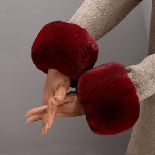Pulswärmer Pelz Damen,weiche Kunstpelz Handgelenk Bands Pulswärmer Fell Manschetten Warmers Pelz Armstulpen Kunstfell Fellstulpen Wärmer Fell Pelz Stulpen Armstulpen Handschuhe für Frauen-Weinrot