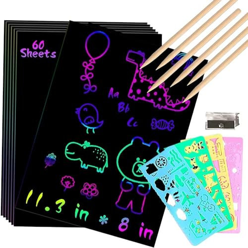 Scratch Art für Kinder, 50 Blatt Rainbow Scratch Paper Arts für Kinder Scratch Art Notes mit 4 Zeichenschablonenlinealen und 5 Holzstiften und 1 Anspitzer