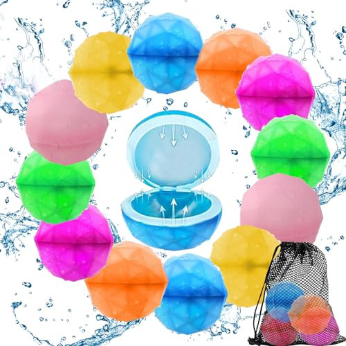 12 Stück Wiederverwendbare Wasserbomben, Silikon Wasserbomben mit Mesh Bag, Wiederverwendbar Spritzbälle, Wiederbefüllbare Wasserballons für Kinder Erwachsene Sommer Pool Wasserspielzeug
